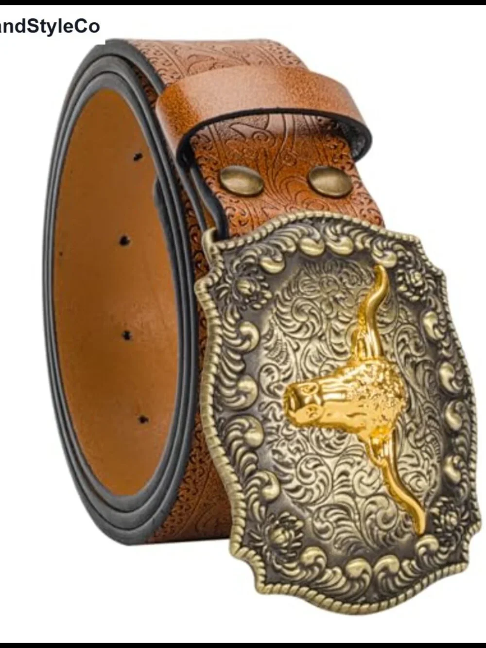 Vintage Floral Engraved Western Belt Bull Head Buckle PU Leather Waist Belt